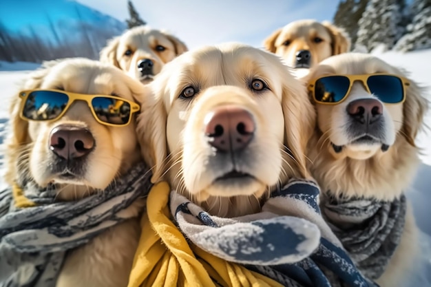 Un grupo de perros con gafas de sol y bufanda.