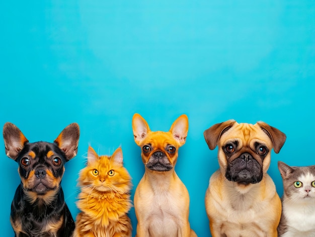 Foto un grupo de perros y gatos de pie frente a un fondo azul