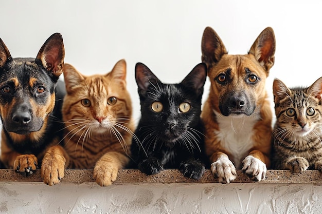 un grupo de perros y gatos sentados en una cornisa