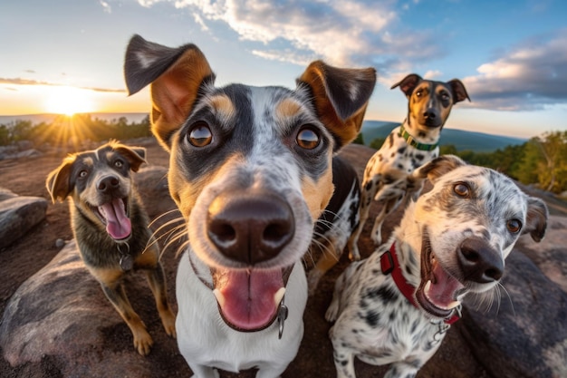 Un grupo de perros haciéndose un selfie sobre un fondo borroso IA generativa