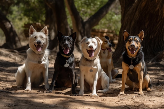 Un grupo de perros juguetones se toman un momento para relajarse a la sombra y sacan la lengua