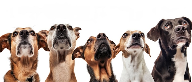 Foto grupo de perros mirando hacia arriba pancarta fondo blanco