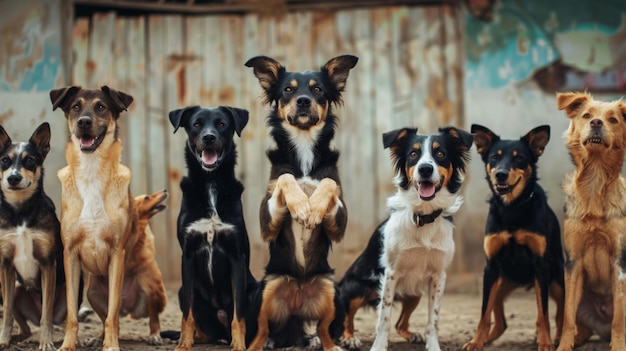 Foto grupo de perros de pie en las patas traseras