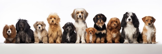 Foto grupo de perros sentados de diferentes razas sobre un fondo blanco