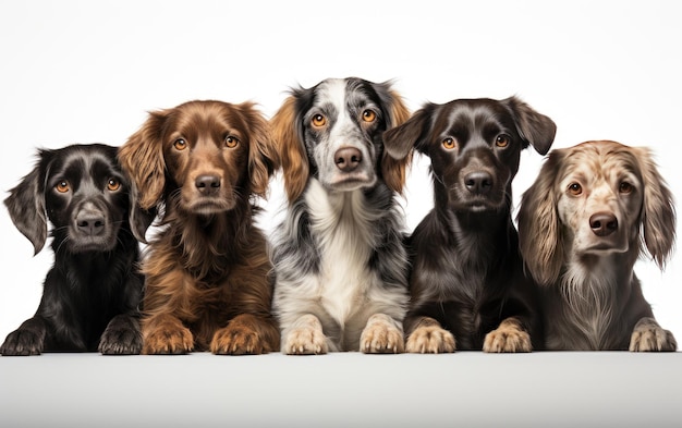 Foto grupo de perros sentados juntos un grupo de perros de diferentes razas y tamaños sentados uno al lado del otro en el suelo cubierto de hierba que muestran un sentido de unidad y compañerismo