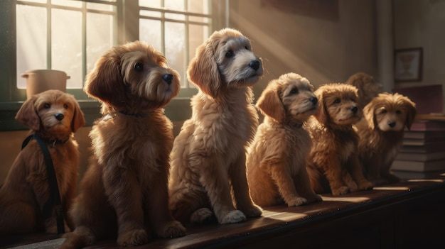 Un grupo de perros se sienta frente a una ventana.