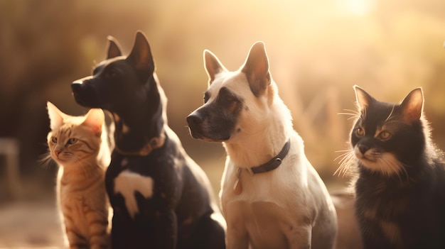 Un grupo de perros se sientan en fila.