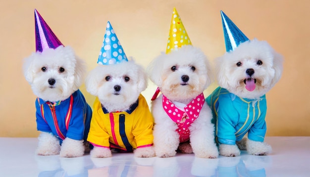 Foto grupo de perros con sombreros