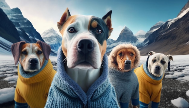 un grupo de perros con suéteres para perros tomándose una selfie