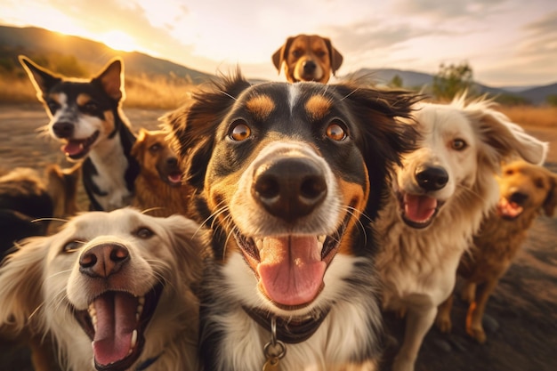 Un grupo de perros tomando una selfie en un fondo borroso Ilustración de IA generativa