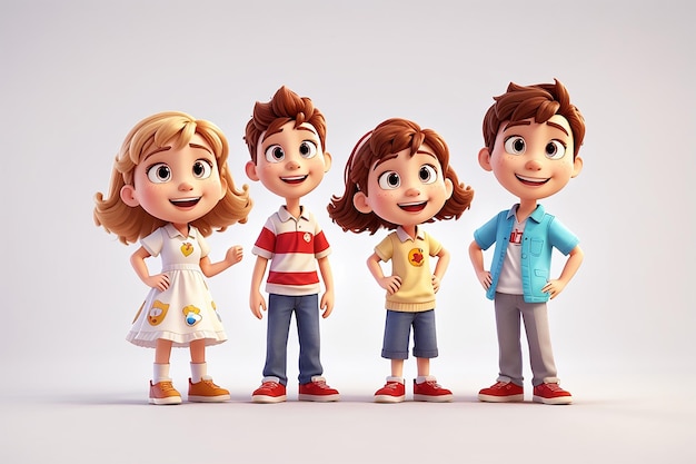 Grupo de personajes de dibujos animados felices de pie sobre un fondo blanco Stanley Emma y Billy ilustración 3d