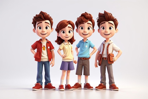 Grupo de personajes de dibujos animados felices de pie sobre un fondo blanco Stanley Emma y Billy ilustración 3d