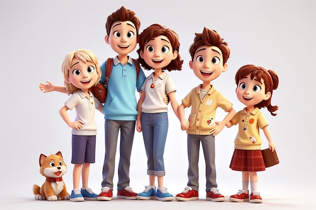 Grupo de personajes de dibujos animados felices de pie sobre un fondo blanco Stanley Emma y Billy ilustración 3d