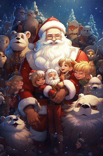 un grupo de personajes de dibujos animados con un papá noel