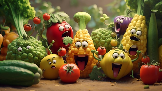 grupo de personajes de dibujos animados de verduras y frutas