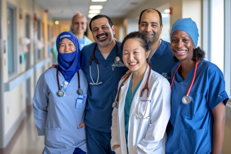 Un grupo de personal médico multiétnico alegre con bata y bata de laboratorio riendo juntos en un corredor del hospital