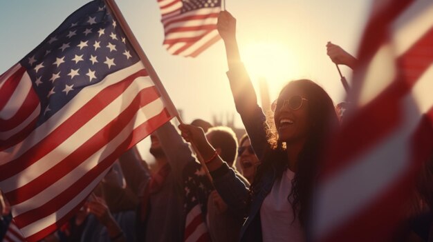 Grupo de personas agitando la bandera americana imagen de arte generado por IA