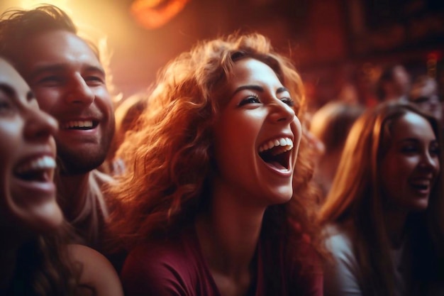 Grupo de personas alegres riendo mientras ven una película en el cine, un concierto en la televisión, animando