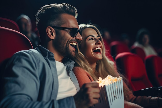 Grupo de personas alegres riendo mientras ven una película en el cine