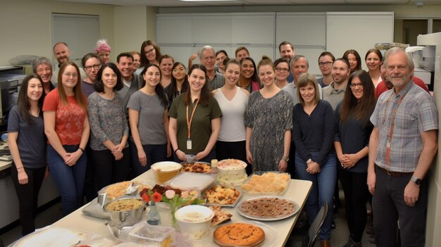 Un grupo de personas se para alrededor de una mesa con comida.