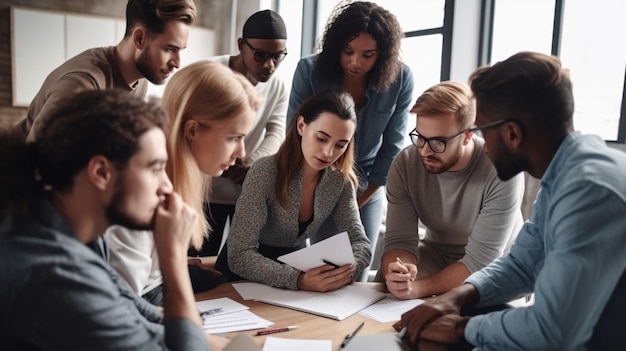 Un grupo de personas alrededor de una mesa mirando papeles