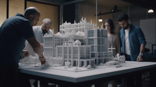 Un grupo de personas se para alrededor de una mesa con un modelo de un edificio hecho de papel.