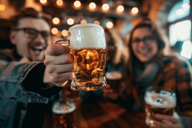 un grupo de personas animando y bebiendo cerveza en la mesa del bar, jóvenes amigos felices disfrutando de la hora feliz.