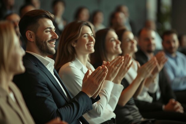 Foto grupo de personas aplaudiendo en una reunión seria