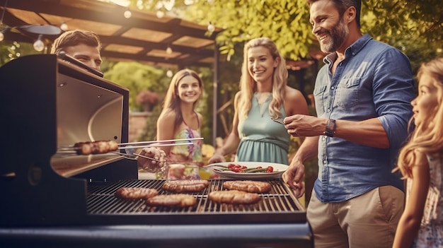 Un grupo de personas asando comida en una parrilla de patio trasero