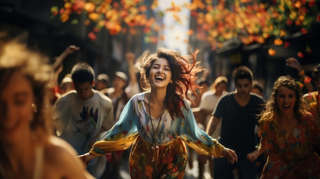 Grupo de personas asiáticas bailando en la calle