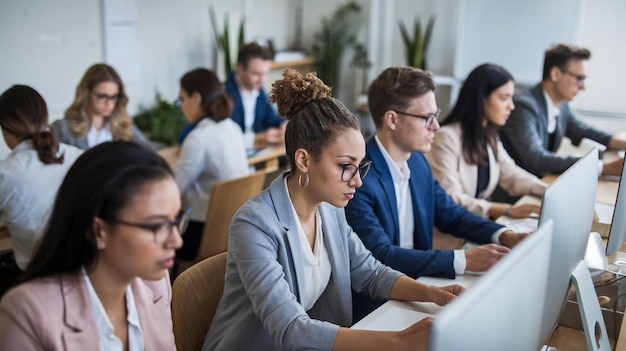 un grupo de personas en un aula con uno de ellos usando gafas