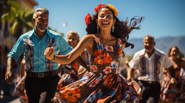 Grupo de personas bailando en la Fiesta del Vino de Madeira en Funchal, en la isla de Madeira, Portugal