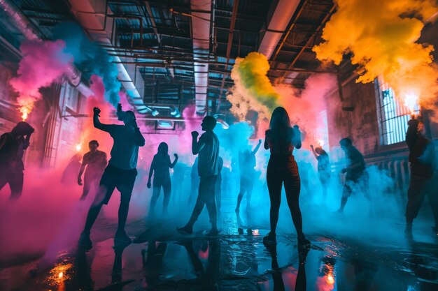 Foto un grupo de personas bailando en una habitación con humo