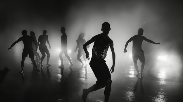 Foto un grupo de personas bailando en la oscuridad con luces detrás de ellos