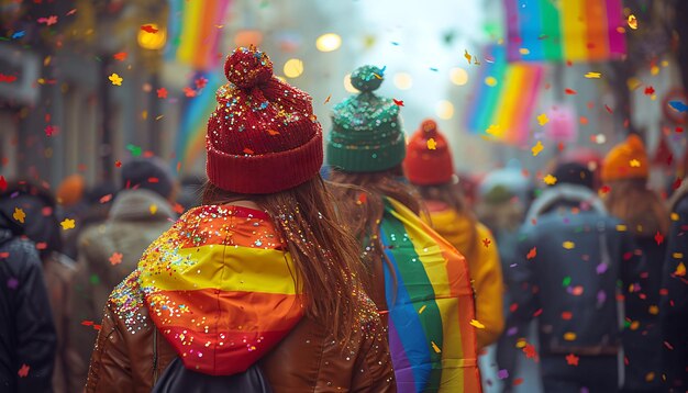 un grupo de personas con banderas y la palabra arco iris