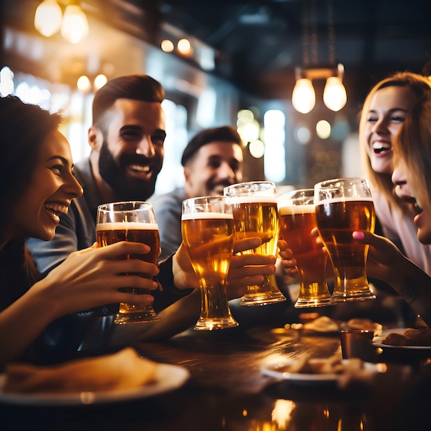 Grupo de personas bebiendo cerveza en el restaurante del pub de la cervecería Amigos felices IA generativa