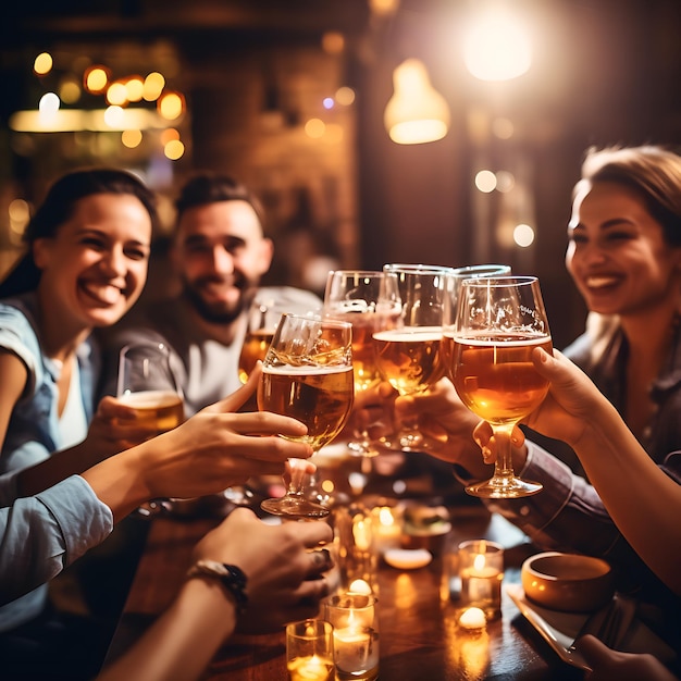 Grupo de personas bebiendo cerveza en el restaurante del pub de la cervecería Amigos felices IA generativa