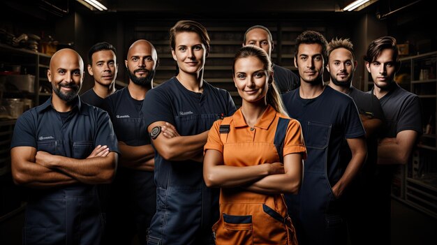 Foto un grupo de personas con los brazos cruzados delante de su equipo