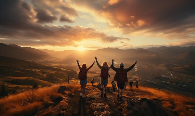 un grupo de personas con los brazos levantados en la cima de una montaña con el sol detrás de ellos