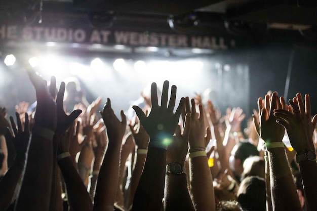 Grupo de personas con los brazos levantados disfrutando de un concierto de música