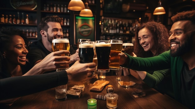 Grupo de personas brindando con cerveza en un bar el día de San Patricio