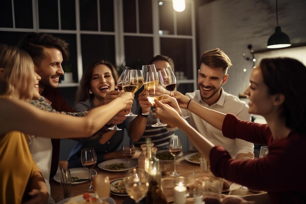 Foto un grupo de personas brindando en una mesa con copas de vino.