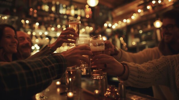 Grupo de personas brindando con vasos de cerveza IA generativa