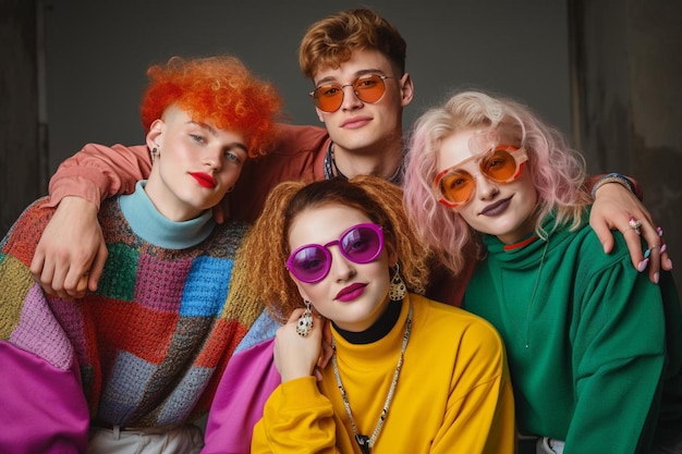 Un grupo de personas con cabello colorido y gafas de sol coloridas.