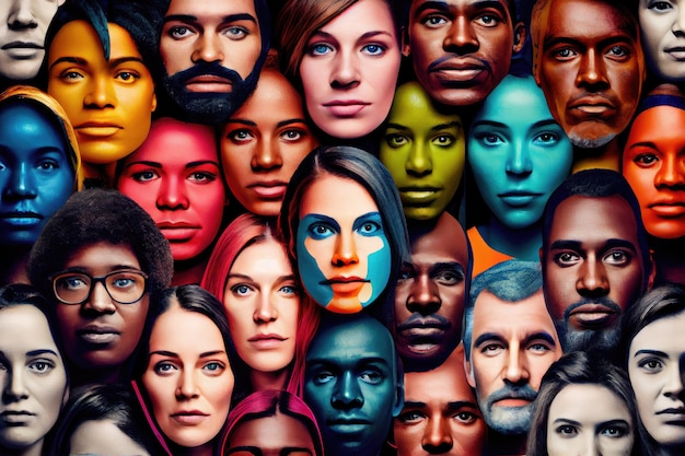 Grupo de personas, cada una con un collage facial diferente y colorido que muestra diversidad