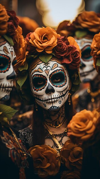 Foto un grupo de personas con calaveras de azúcar y flores