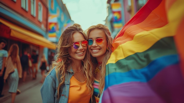 Un grupo de personas en una calle de la ciudad con una alegre bandera arco iris