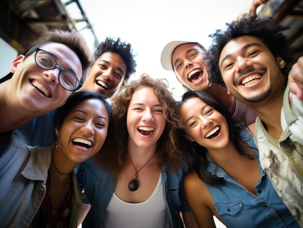 un grupo de personas con una cámara y una chica con una sonrisa que dice "feliz".