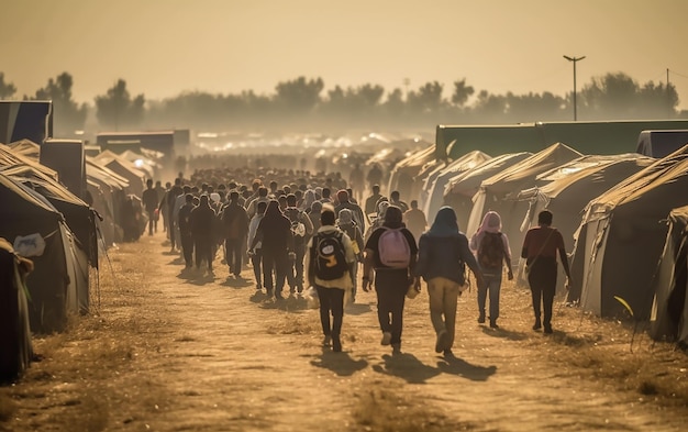 Un grupo de personas camina por un camino de tierra, con carpas al fondo.