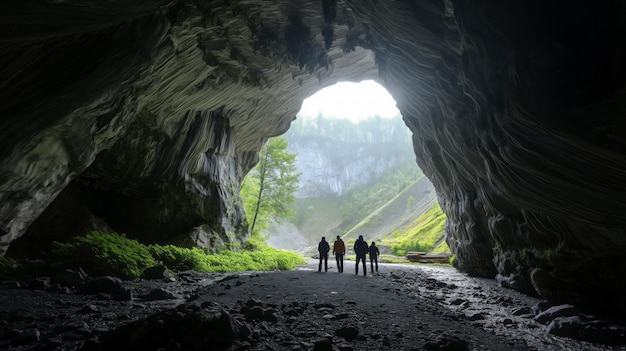 Un grupo de personas camina hacia la luz en la boca de una gran cueva